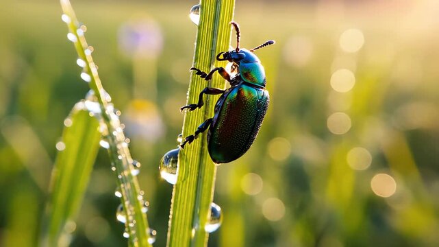 Detailed close-up of a tiny iridescent jewel beetle actively climbing a slender green stem of wild grass in a morning meadow outdoor, stem, movement