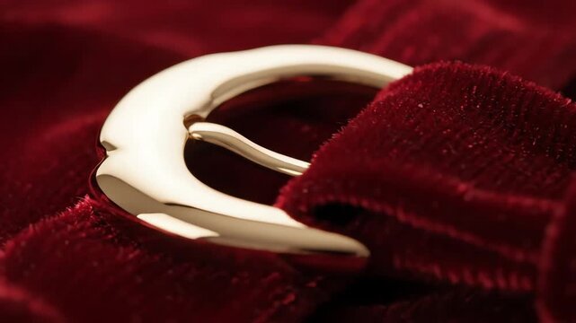 Detailed close-up panning shot over rich crimson red velvet fabric gently illuminated by soft studio light near a polished abstract gold buckle cinematic, red, luxury