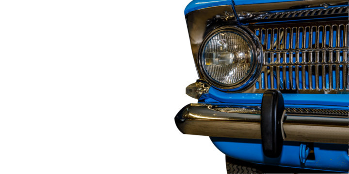 Close-up of a blue car's front end