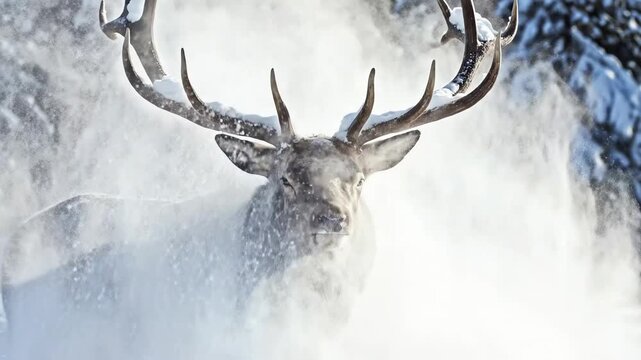 Detailed close-up in extreme slow motion of a powerful stag shaking heavy snow from its massive branching antlers natural, frost, documentary