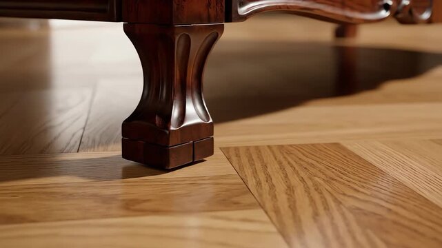 Detailed macro close-up view slowly panning across the intricate joinery of dark sculpted furniture legs meeting the shiny horizontal planks of the modern parquet floor floor surface reflection