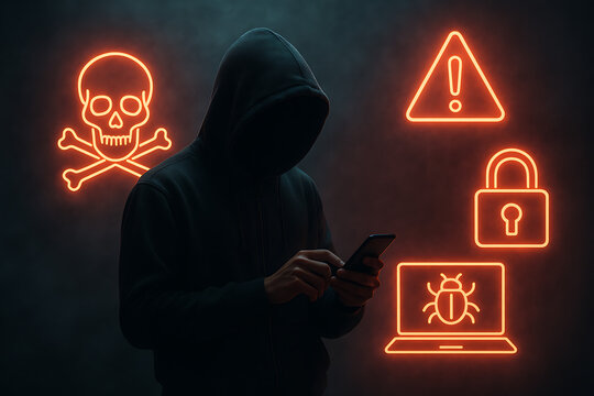 Hacker in a dark room using a mobile phone with holographic neon icons for virus malware bug on a laptop a skull and crossbones and a security padlock