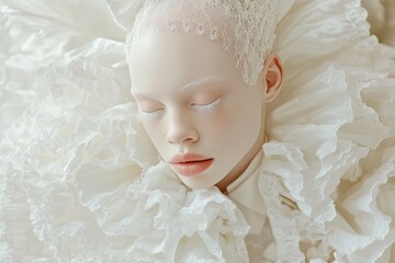 A serene portrait of a young woman with delicate makeup resembling frost or snow. She has intricate lace detailing covering her hair and head. A peaceful setting evoking a sense of tranquility.