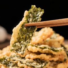 4k high quality Ai generative HD photo realistic menu selling restaurant eat dish snack Japanese food coated tempura deep fried seaweed crispy keripik kerupuk chopstick wooden fish salmon skin
