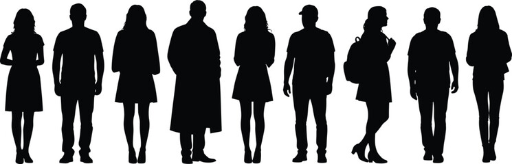 Silhouette group of diverse men and women standing in various poses representing modern people, human figures, fashion outlines, urban lifestyle concept