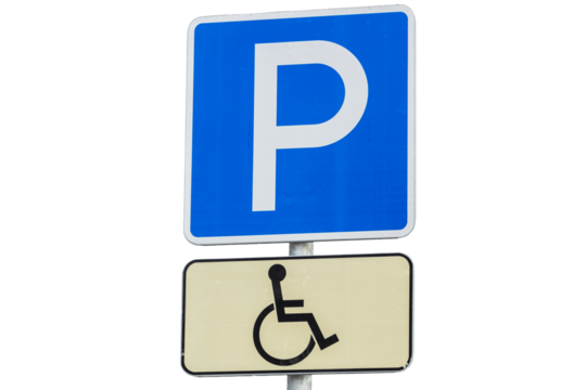 A blue and white sign with a handicap symbol