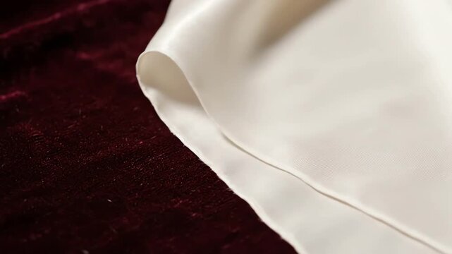 Detailed macro view showcasing rich burgundy velvet and soft ivory silk fabrics slowly gliding across one another capturing texture contrast view, woven, one