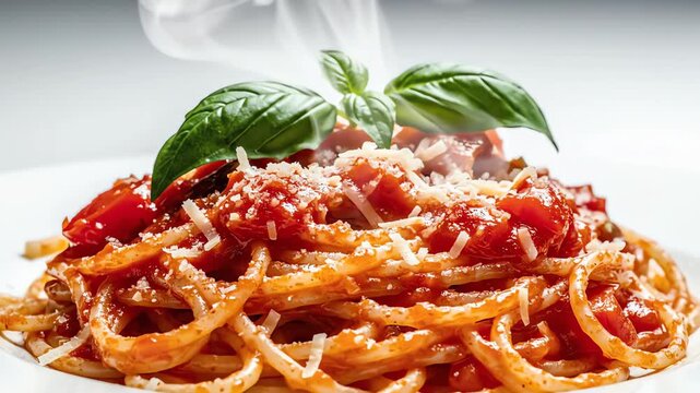 Detailed macro shot of hot spaghetti strands piled high with steam gently rising from the glossy tomato sauce on a seamless white backdrop nutrition, steam gently rising, carbohydrates