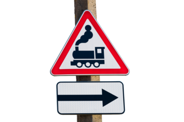 A train traffic sign with a train depicted on it