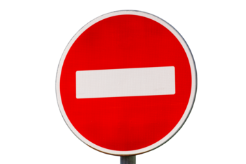 A close-up shot of a red and white sign with bold font and contrasting colors