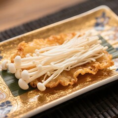 4k high quality Ai generative HD photo realistic menu selling restaurant eat dish snack Japanese food traditional coated tempura deep fried enoki mushroom fresh fancy crispy plate