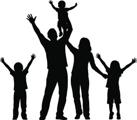 Silhouette of a happy family raising their arms together, celebrating unity, joy, love, and positive bonding in an uplifting outdoor scene