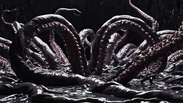 Disturbing CGI animation of pulsating, undulating dark organic vines or non-specific tentacles crawling and growing on an extremely dark, wet background undulating, Disturbing, biotech