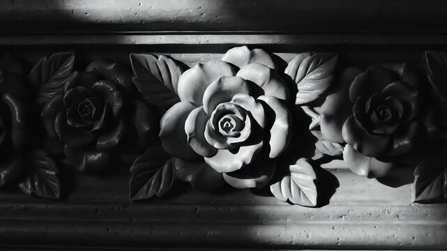 Dramatic black and white ornamental rose border casting deep shadows as subtle light slowly sweeps across the intricate textured surface creating cinematic movement white, minimal, surface