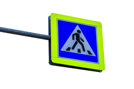 A blue and yellow pedestrian crossing sign on a street pole, perfect for traffic safety and infrastructure images