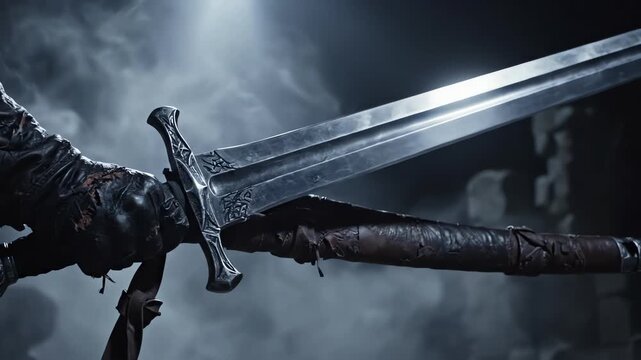 Dramatic cinematic reveal of a massive, shining medieval sword slowly being drawn from its leather scabbard into a misty, dark, and atmospheric environment fog, sharpness, broadsword