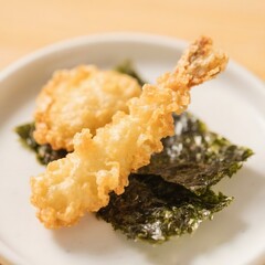 4k high quality Ai generative HD photo realistic menu selling restaurant eat dish snack Japanese food traditional coated tempura deep fried shrimp fancy white plate dory fillet
