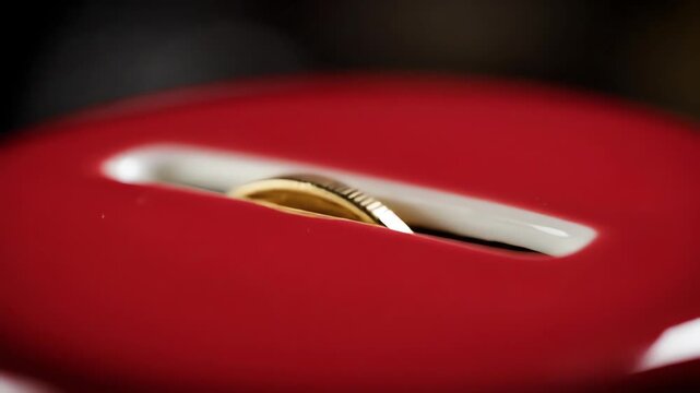 Dramatic high speed slow motion capture of a gleaming gold metallic disc falling precisely into the top slot of a glossy porcelain saving receptacle future, falling precisely, asset