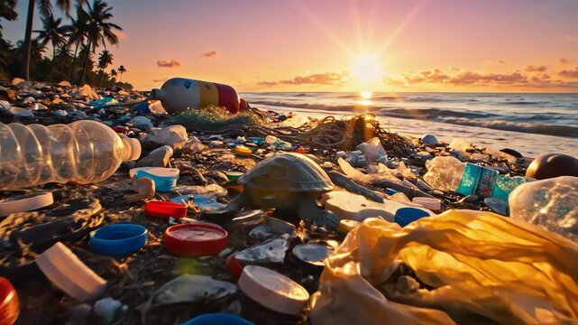 Dramatic golden hour tracking shot of a young hatchling turtle surrounded by brightly colored litter and jagged plastic shards on a polluted tropical shore at sunset hatchling, plastic, silhouette