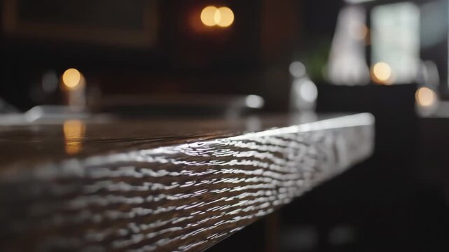 Dramatic high contrast extreme close-up shot of the sharp wooden table edge dramatically rim-lit against a mysterious and intensely blurred dark restaurant environment at night side view