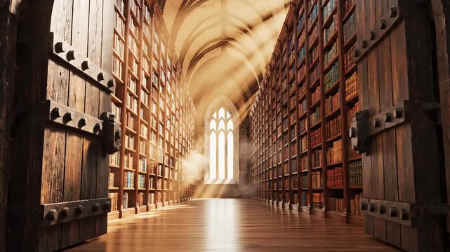 Dramatic slow reveal as a heavy wooden library vault door slowly creaks open showcasing endless rows of sunlit books within library, slowly creaks open, entrance