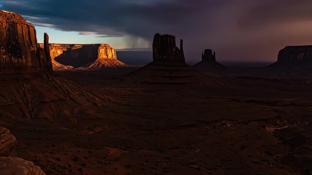 Dramatic time-lapse shot of a massive, ominous shadow quickly consuming a rugged, red desert landscape under high-contrast lighting conditions pressure, passage, impending doom