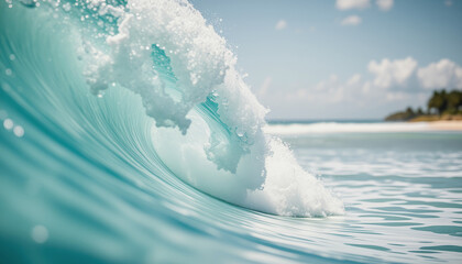 A turquoise wave with white foam curls over, contrasting against the calm ocean and a sandy beach with trees under a clear blue sky.