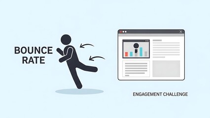 Conceptual image illustrating bounce rate and user engagement challenge for web design and digital marketing optimization with a running figure