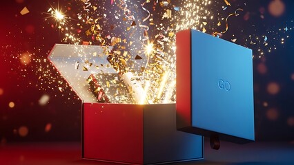 Surprise package exploding with confetti and light illuminating a special moment filled with joy and anticipation for celebration