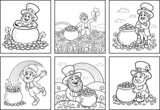 St Patrick's day leprechaun with pot of golds Irish luck coloring page bundle for kids, black line art vector illustration doodle set 