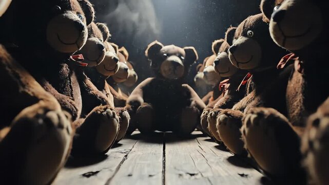 Dramatic, low-key lighting focused on a symmetric row of dark, vintage-style stuffed bears sitting quietly on a wooden floor with soft dust particles floating around them silhouette, floating