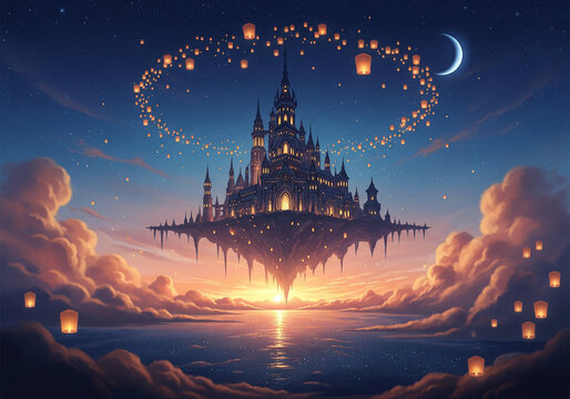 A magical sky palace surrounded by floating lanterns, starlit clouds below, warm mystical lighting, 4K fantasy art
