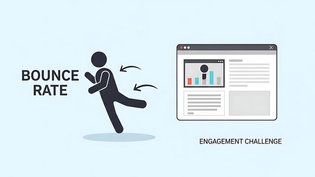 Conceptual image illustrating bounce rate and user engagement challenge for web design and digital marketing optimization with a running figure