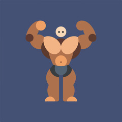 A stylized cartoon image features a brown bodybuilder figure flexing, showcasing muscles in a graphic, geometric illustration against a blue background.