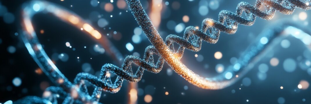 3D rendered DNA double helix with glowing particles and bokeh background.