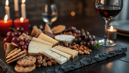 A charcuterie board with cheeses, crackers, grapes, nuts, and cookies is arranged on a dark slate, accompanied by glasses of red and white wine and lit candles.