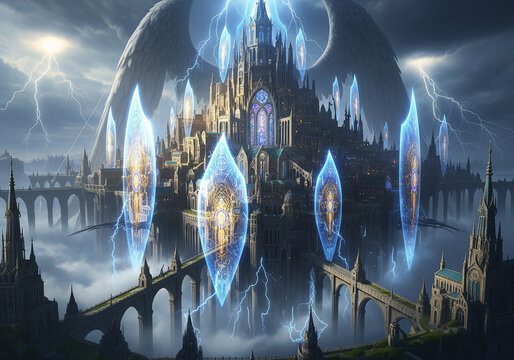 Massive angelic city floating among stormy skies, glowing energy shields, dramatic cinematic lighting, 4K quality