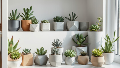 A grid of twelve unique succulent plants in pots of varying shapes and sizes is displayed on a white shelf, illuminated by natural light.