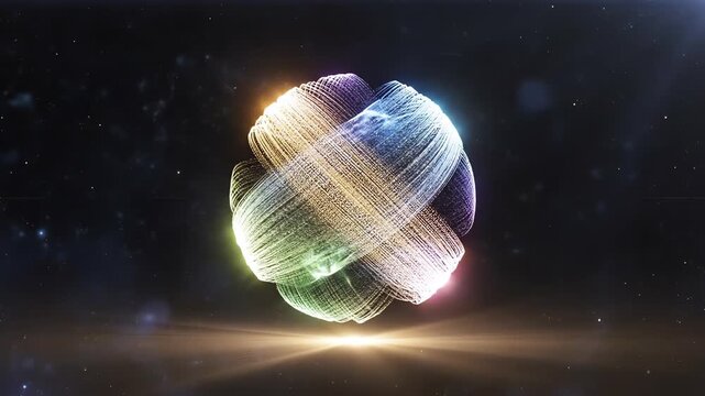 Dynamic particles of light rapidly converging from four separate corners into a pulsing central spherical shape symbolizing unified brainstorming and idea generation synergy, analysis, corporate
