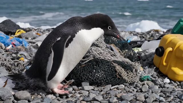 penguin navigating plastic debris on polluted shoreline with colorful containers