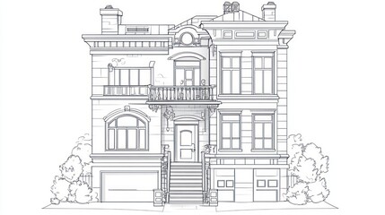 Naklejka premium Architectural drawing of a Victorian-style house, front elevation, possible use for blueprint, design, or illustration