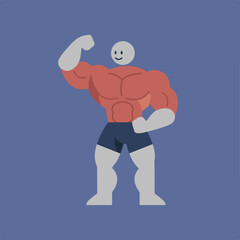 Muscular man with a smiley face flexing his biceps against a blue background.