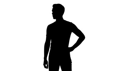 Silhouette of a man standing with hand on hip looking to the side against a white background space for text