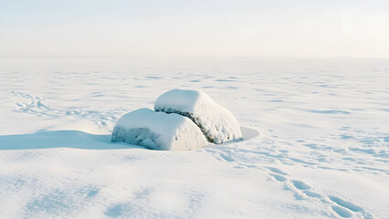 Two snow-covered mounds in a vast, pristine winter landscape under a bright sky.