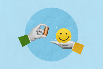 Creative collage art of a man's hand holding coins exchanging with a hand holding a happy smiling. Money buys happiness or credibility