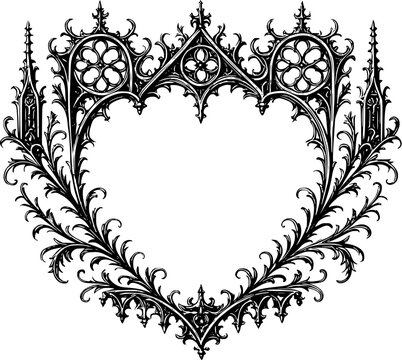 intricate gothic heart-shaped frame with ornate medieval architectural details, pointed arches, floral flourishes, quatrefoil motifs, and decorative spires in detailed black and white illustration