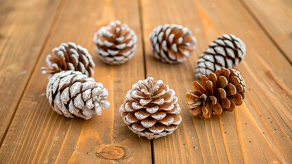 Fototapeta premium Winter-themed pinecones arranged on a wooden surface for seasonal decoration and crafts