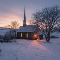 A picturesque winter scene features a quaint church in a snowy landscape at sunset, with a warm glow from its windows illuminating the serene atmosphere.