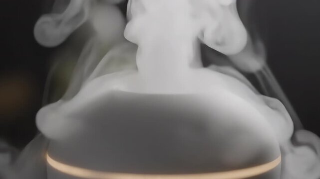 Ethereal white aromatherapy mist rising rapidly in a dense plume from a sleek modern electric diffuser creating a seamless looping visual texture plume, concept, diffuser