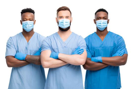 Front view of three healthcare workers wearing scrubs surgical masks and gloves with arms crossed isolated in background - Powered by Adobe